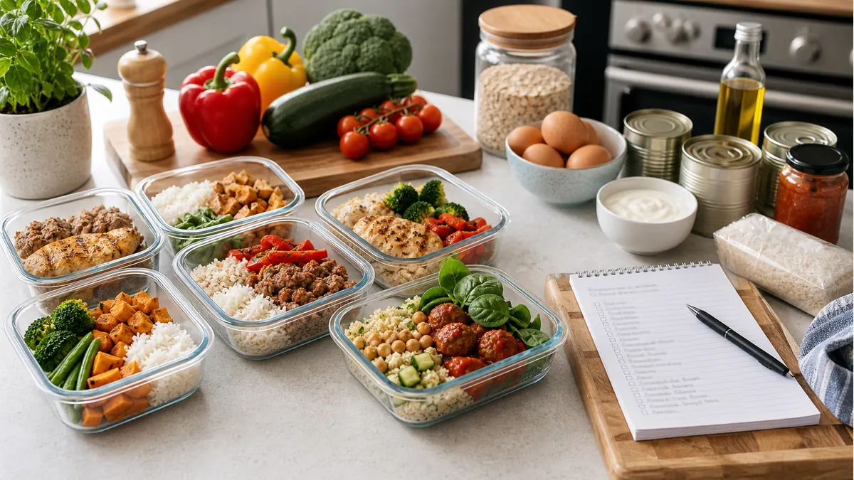 Prepared weekly meals, supermarket ingredients and a meal planning list on a kitchen counter